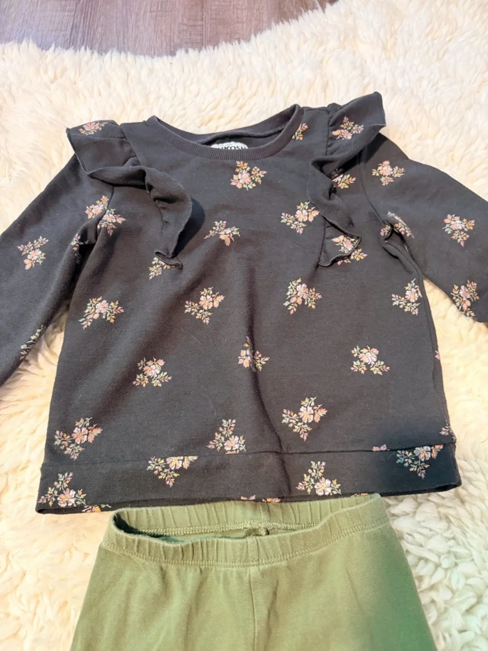 OshKosh B'gosh Black Floral Ruffle Top with Olive Green Leggings Set